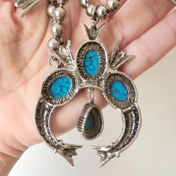 Vintage Faux Turquoise Squash Blossom Necklace & Earring Set - Picture 5 of 10